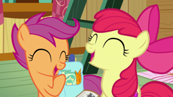 Size: 1920x1080 | Tagged: safe, screencap, apple bloom, scootaloo, pony, growing up is hard to do, carrot, clubhouse, crusaders clubhouse, food, ladder, laughing, saddle bag