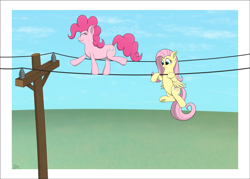 Size: 3429x2449 | Tagged: safe, artist:davinciwolf, derpibooru import, fluttershy, pinkie pie, earth pony, pegasus, pony, duo, eyes closed, female, mare, power line, smiling, telephone pole, this will end in electrocution, this will not end well, tightrope