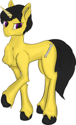 Size: 3011x4967 | Tagged: safe, artist:littlepony115, oc, oc only, pony, unicorn, black hooves, chest fluff, cutie mark, ear fluff, fluffy, genderless, hoof fluff, purple eyes, shoulder fluff, solo, unicorn oc, unshorn fetlocks, wrench, yellow coat