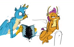 Size: 1200x761 | Tagged: safe, artist:alumx, gallus, smolder, griffon, student counsel, angry, book, burned, gallus' book, idgaf, scene interpretation, smug