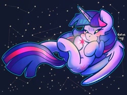 Size: 1200x900 | Tagged: safe, artist:talim_stuff, twilight sparkle, twilight sparkle (alicorn), alicorn, blushing, constellation, cute, cutie mark, eyes closed, signature, smiling, solo, space, starry backdrop, twiabetes