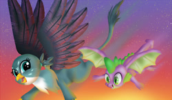 Size: 1700x991 | Tagged: safe, artist:lotus2503, gabby, spike, dragon, griffon, cute, female, flying, male, shipping, spabby, straight, winged spike, wings