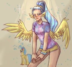 Size: 1378x1271 | Tagged: safe, artist:yoimskyli, princess skystar, classical hippogriff, hippogriff, human, my little pony: the movie, alternate hairstyle, blushing, clothes, female, freckles, humanized, jewelry, nail polish, necklace, shirt, shorts, solo, sports shorts, t-shirt, wing ears, winged humanization, wings, wristband