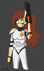 Size: 900x1441 | Tagged: safe, artist:exvius, oc, oc:mighty cola, anthro, armor, blaster, clone trooper, colored sketch, energy weapon, scar, solo, sunset shimmer cutie mark, weapon