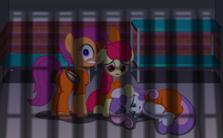 Size: 2423x1500 | Tagged: safe, artist:spellboundcanvas, apple bloom, scootaloo, sweetie belle, pony, growing up is hard to do, bed, bound wings, bunk bed, clothes, crying, cute, cutie mark crusaders, diasweetes, horn, horn cap, magic suppression, older, older apple bloom, older scootaloo, older sweetie belle, prison, prison outfit, prisoner, scared, teary eyes, underhoof, wing cuffs, wings