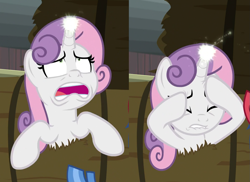 Size: 1191x866 | Tagged: safe, screencap, sweetie belle, pony, unicorn, growing up is hard to do, cropped, female, glowing horn, gritted teeth, hay bale, head in hooves, headache, hoof on head, horn, horrified, magic, mare, older, older sweetie belle, ouch, pain, solo focus, stuck, teleportation