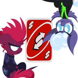Size: 1000x1000 | Tagged: safe, artist:dragonpone, derpibooru exclusive, rolling thunder, tempest shadow, pegasus, pony, unicorn, the washouts (episode), angry, blush sticker, blushing, broken horn, card, cheek fluff, clothes, duo, eye scar, female, floppy ears, frown, horn, lineless, mare, reverse card, scar, simple background, sitting, smiling, transparent background, uniform, uno, upside down, washouts uniform