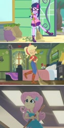 Size: 1075x2151 | Tagged: safe, screencap, applejack, fluttershy, twilight sparkle, better together, equestria girls, five to nine, my little shop of horrors, so much more to me, applejack's bedroom, clothes, shorts