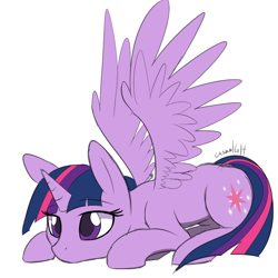 Size: 800x800 | Tagged: safe, artist:casualcolt, twilight sparkle, twilight sparkle (alicorn), alicorn, pony, birb, cute, female, mare, prone, simple background, solo, spread wings, twiabetes, white background, wings