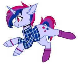 Size: 479x394 | Tagged: safe, artist:aestheticallylithi, oc, oc only, oc:indigo hearts, pony, unicorn, bisexual pride flag, choker, clothes, flannel, male, pride, raised hoof, raised leg, simple background, socks, solo, stallion, transparent background, wristband