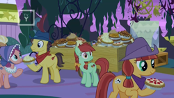 Size: 1920x1080 | Tagged: safe, screencap, bandana baldwin, bonnie rose, candy apples, high stakes, jade spade, earth pony, pony, the summer sun setback, apple family member, appleloosa resident, bonnet, bow, braid, canterlot, cart, cowboy hat, discovery family logo, female, food, hat, hoof hold, male, mare, neckerchief, night, pie, stallion