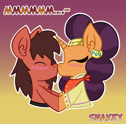 Size: 780x768 | Tagged: safe, artist:snakeythingy, saffron masala, oc, oc:sketchy dupe, pony, blushing, boop, double boop, dupala, gradient background, holding hooves, kiss boop, kissing, kurta, noseboop, sketchffron