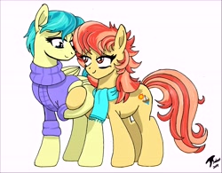 Size: 11176x8724 | Tagged: safe, artist:brekrofmadness, aunt holiday, auntie lofty, earth pony, pegasus, pony, the last crusade, absurd resolution, clothes, female, holding hooves, lesbian, lofty day, looking at each other, scarf, shipping, smiling, sweater