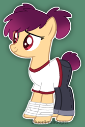 Size: 636x953 | Tagged: safe, artist:bluedinoadopts, oc, oc only, oc:ground pound, earth pony, pony, clothes, female, green background, hoof wraps, jeans, mare, pants, pigtails, shirt, simple background, solo, t-shirt, tape