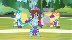 Size: 1667x939 | Tagged: safe, screencap, lighthoof, ocellus, shimmy shake, yona, 2 4 6 greaaat, cheerleader ocellus, cheerleader outfit, cheerleader yona, clothes, cropped, eyes closed, hay bale, megaphone, smiling