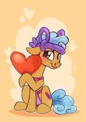 Size: 759x1080 | Tagged: safe, artist:zlayd-oodles, twisty pop, earth pony, pony, forever filly, balloon, balloon hat, blushing, cute, floppy ears, heart, heart balloon, male, sitting, solo, stallion