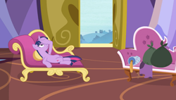 Size: 1896x1080 | Tagged: safe, screencap, twilight sparkle, twilight sparkle (alicorn), alicorn, pony, dragon dropped, bag, behaving like rarity, castle, dramatic pose, fainting couch, lying down, open door, pose, sofa, solo, twilight is not amused, unamused