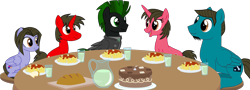 Size: 3642x1306 | Tagged: safe, artist:shadymeadow, oc, oc:cyrax, oc:dancing fan, oc:fried egg, oc:health hero, oc:holly medicine, pegasus, pony, unicorn, bread, cake, female, food, male, mare, simple background, stallion, transparent background