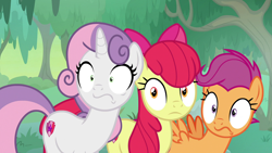 Size: 1920x1080 | Tagged: safe, screencap, apple bloom, scootaloo, sweetie belle, earth pony, pegasus, pony, unicorn, growing up is hard to do, cutie mark, cutie mark crusaders, female, older, older apple bloom, older cmc, older scootaloo, older sweetie belle, scared, shrunken pupils, the cmc's cutie marks