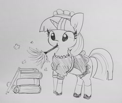 Size: 1627x1379 | Tagged: safe, artist:tjpones, twilight sparkle, pony, book, clothes, cute, dress, duster, french maid, lineart, maid, maid headdress, mary janes, monochrome, mouth hold, shoes, sketch, skirt, socks, solo, traditional art, twiabetes