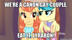 Size: 600x337 | Tagged: safe, edit, edited screencap, screencap, aunt holiday, auntie lofty, earth pony, pegasus, pony, the last crusade, caption, clothes, drama, ear piercing, earring, female, hilarious in hindsight, image macro, jewelry, lesbian, mare, piercing, scarf, scootaloo's aunts drama, shipping, sweater, text