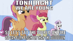 Size: 636x358 | Tagged: safe, edit, edited screencap, editor:undeadponysoldier, screencap, apple bloom, scootaloo, sweetie belle, pegasus, pony, unicorn, flight to the finish, caption, cutie mark crusaders, female, filly, fun (band), heart, hearts as strong as horses, image macro, song reference, text, we are young