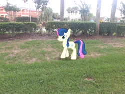 Size: 4032x3024 | Tagged: safe, photographer:undeadponysoldier, bon bon, sweetie drops, earth pony, pony, augmented reality, building, bush, condo, female, florida, gameloft, grass, hotel, irl, mare, orlando, outdoors, palm tree, photo, ponies in real life, sign, solo, tree, vacation