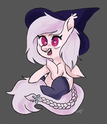 Size: 1200x1392 | Tagged: artist needed, safe, oc, oc only, oc:shikaka, bat pony, pony, /mlp/, albino, bat pony oc, bow, clothes, drawthread, ear tuft, hat, socks, solo, tail braid, vampire bat pony, witch hat