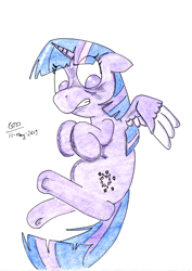 Size: 2477x3500 | Tagged: safe, artist:gafelpoez, twilight sparkle, twilight sparkle (alicorn), alicorn, pony, devo, peekaboo, scared, solo, terrified, traditional art