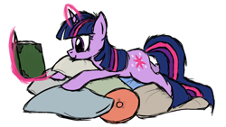 Size: 2000x1125 | Tagged: safe, artist:sandyfortune, twilight sparkle, unicorn twilight, pony, unicorn, book, female, levitation, lying down, magic, mare, pillow, pillow pile, reading, simple background, solo, telekinesis, white background