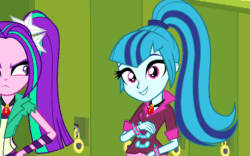 Size: 640x400 | Tagged: safe, screencap, aria blaze, sonata dusk, equestria girls, rainbow rocks, animated, annoyed, aria mad?, canterlot high, duo, gif, lockers, pigtails, ponytail, pun, twintails