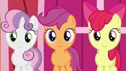 Size: 1920x1080 | Tagged: safe, screencap, apple bloom, scootaloo, sweetie belle, earth pony, pegasus, pony, unicorn, the last crusade, cutie mark crusaders, female, filly, foal, looking at you, smiling