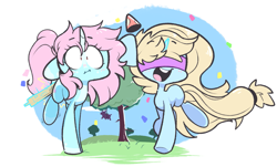 Size: 1709x1035 | Tagged: safe, artist:sourspot, oc, oc:kelly, oc:scoops, pony, unicorn, blaze (coat marking), blindfold, blushing, coat markings, confetti, cute, cutie mark, female, freckles, happy, hat, magic, mare, paddle, party hat, socks (coat marking), surprised, telekinesis, tree