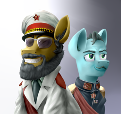 Size: 1734x1620 | Tagged: safe, artist:richmay, beard, bust, cap, clothes, crossover, dictator, duo, facial hair, glasses, hat, moustache, smiling, sunglasses, tropico