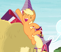 Size: 1002x862 | Tagged: safe, derpibooru import, edit, applejack, earth pony, pony, going to seed, cropped, cute, faic, female, hay bale, jackabetes, mare, silly, silly pony, who's a silly pony