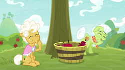 Size: 1920x1080 | Tagged: safe, screencap, goldie delicious, granny smith, pony, going to seed, apple, apple tree, tree