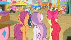 Size: 1235x693 | Tagged: safe, screencap, apple bloom, scootaloo, sweetie belle, earth pony, pegasus, pony, unicorn, growing up is hard to do, bow, butt, cutie mark crusaders, female, mare, my little pony, my little pony logo, older, older apple bloom, older cmc, older scootaloo, older sweetie belle, plot, rear view