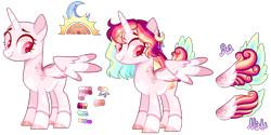 Size: 2331x1164 | Tagged: safe, artist:manella-art, oc, oc:sunny moonlight, alicorn, alicorn oc, alternate tailstyle, alternate universe, colored wings, cutie mark, magical lesbian spawn, moon, multicolored hair, multicolored wings, offspring, parent:rainbow dash, parent:twilight sparkle, parents:twidash, reference sheet, stars, wings