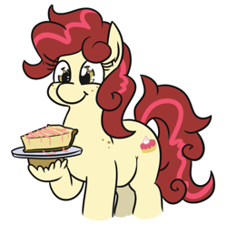 Size: 507x501 | Tagged: safe, artist:jargon scott, oc, oc only, earth pony, pony, cake, cheesecake, female, food, hoof hold, mare, simple background, solo, white background