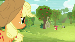 Size: 1920x1080 | Tagged: safe, derpibooru import, screencap, apple bloom, applejack, earth pony, pony, going to seed, apple, apple tree, butterfly net, cage, cloud, food, hill, saddle bag, trap (device), tree