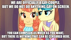 Size: 888x499 | Tagged: safe, edit, edited screencap, screencap, aunt holiday, auntie lofty, the last crusade, caption, clothes, drama, duo, female, image macro, lesbian, meme, quilt, scarf, scootaloo's aunts drama, text