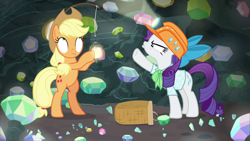 Size: 1920x1080 | Tagged: safe, derpibooru import, screencap, applejack, rarity, earth pony, pony, unicorn, dragon dropped, ascot tie, blouse, gem