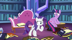 Size: 1920x1080 | Tagged: safe, derpibooru import, screencap, rarity, twilight sparkle, twilight sparkle (alicorn), alicorn, pony, unicorn, dragon dropped, book, bookshelf, messy mane, messy tail