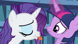 Size: 1920x1080 | Tagged: safe, derpibooru import, screencap, rarity, twilight sparkle, twilight sparkle (alicorn), alicorn, pony, unicorn, dragon dropped, book, bookshelf, immature, majestic as fuck, messy mane, raspberry, tongue out