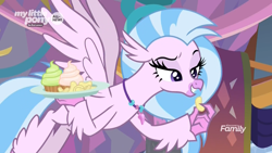 Size: 1920x1080 | Tagged: safe, screencap, silverstream, classical hippogriff, hippogriff, she's all yak, bedroom eyes, chips, cupcake, discovery family logo, female, flying, food, potato chips, raised eyebrow, sassy, silversass, solo, spread wings, wings