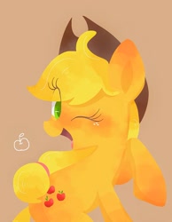 Size: 1263x1628 | Tagged: safe, artist:1drfl_world_end, derpibooru import, applejack, earth pony, pony, apple, cowboy hat, food, green eyes, hat, lineless, one eye closed, simple background, wink