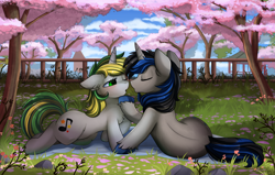 Size: 1280x816 | Tagged: safe, artist:pridark, oc, oc only, oc:bluepaint, oc:green stars, pony, unicorn, tree