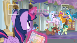 Size: 1364x768 | Tagged: safe, screencap, gallus, november rain, ocellus, sandbar, silverstream, smolder, twilight sparkle, twilight sparkle (alicorn), yona, alicorn, changedling, changeling, classical hippogriff, dragon, earth pony, griffon, hippogriff, pony, yak, she's all yak, animated, balancing, bow, carpet, cloven hooves, colored hooves, cute, discovery family logo, dragoness, female, floppy ears, flying, friendship student, gif, glowing horn, hair bow, hallway, horn, jewelry, levitation, magic, male, mare, monkey swings, necklace, poster, school of friendship, student six, teenager, telekinesis, tv rating, tv-y, watermark