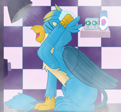 Size: 2755x2550 | Tagged: safe, artist:skyflys, gallus, ocellus, changedling, changeling, griffon, background ocellus, blushing, creeper, disguise, disguised changeling, female, inanimate tf, luslus, male, objectification, peeping jane, peeping tom, shipping, shower, sneak 100, soap, straight, teenager, transformation, when you see it