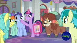 Size: 1366x768 | Tagged: safe, screencap, november rain, ocellus, peppermint goldylinks, sandbar, twilight sparkle, twilight sparkle (alicorn), yona, alicorn, yak, she's all yak, bow, cloven hooves, discovery family logo, disguise, disguised changeling, female, friendship student, glowing horn, hair bow, horn, magic, male, monkey swings, poster, stallion, telekinesis